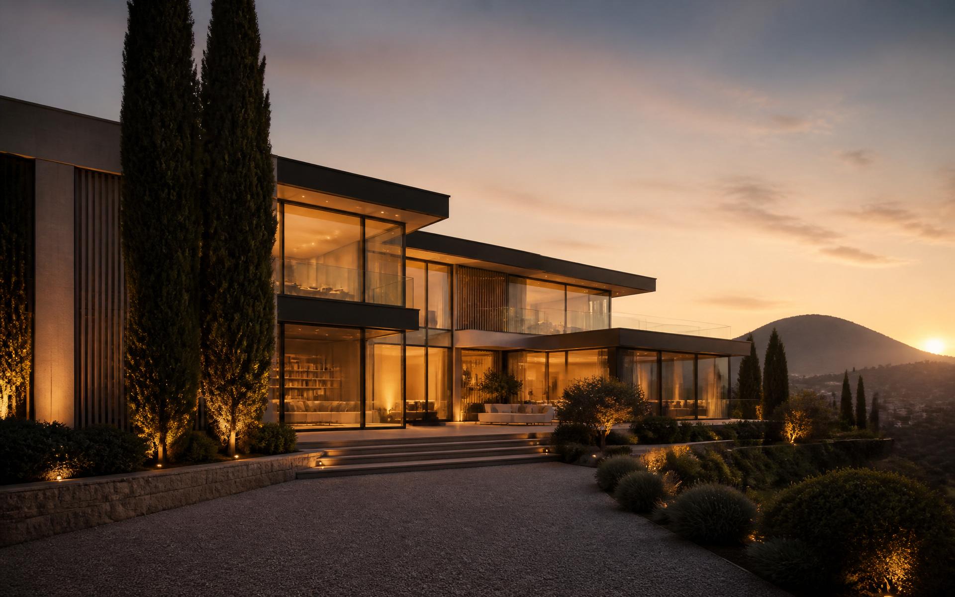 Modern luxury home at golden hour